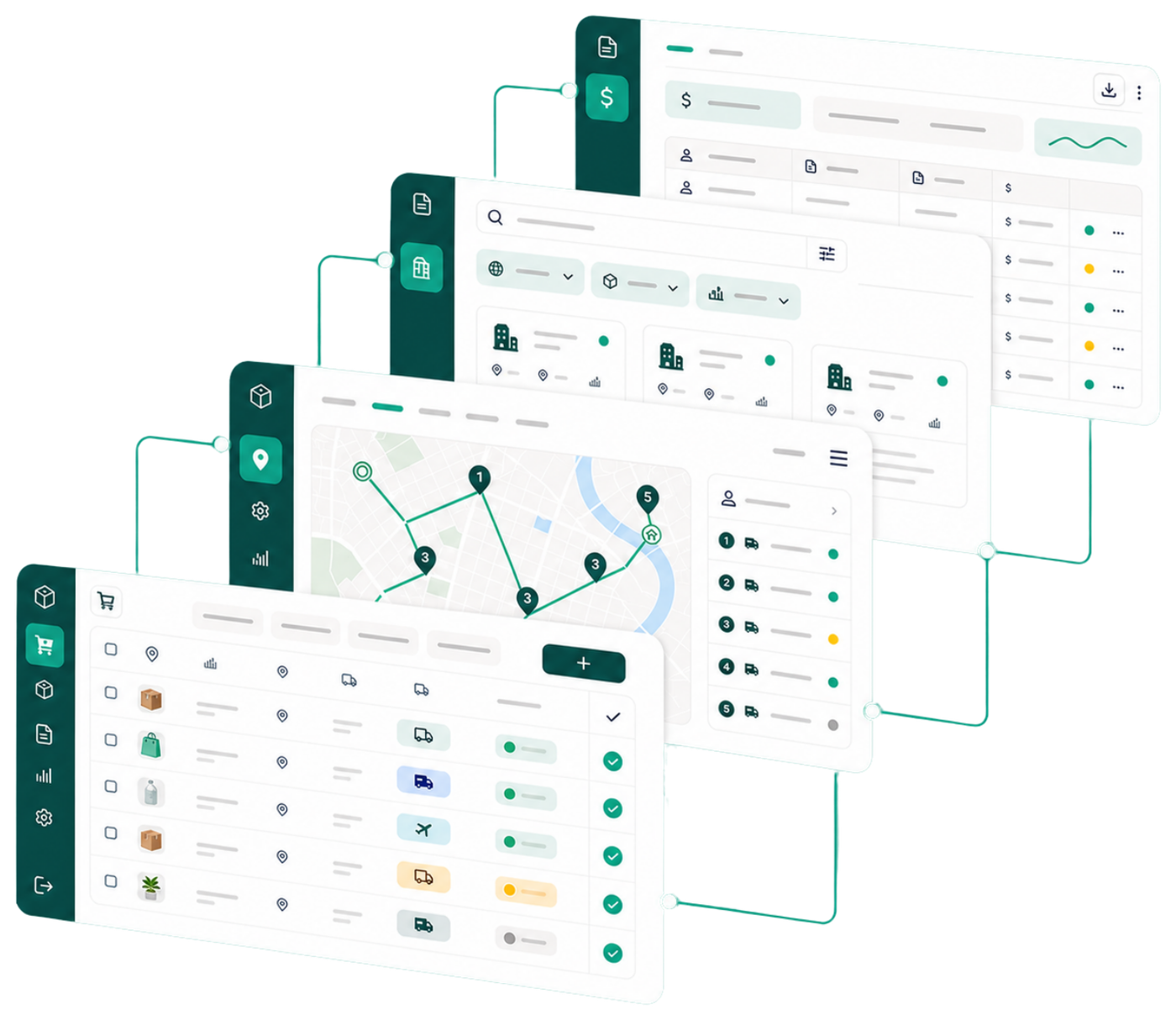 Los cuatro módulos de SendingBay conectados entre sí: gestión de envíos (eComm), optimización de rutas de última milla (Bestmile), directorio de agencias de transporte (Index) y facturación para agencias (SaaS)