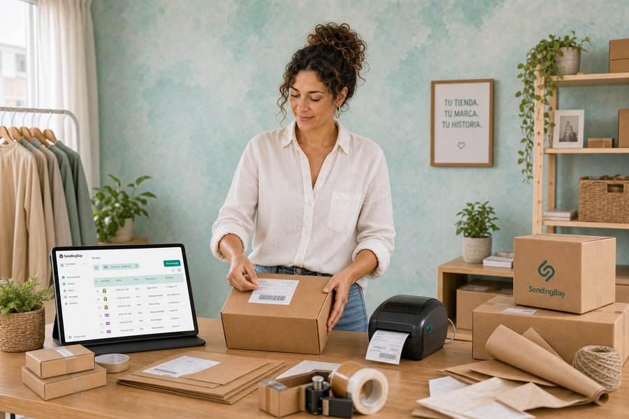 Laura, dueña de un e-commerce, prepara un envío y pega la etiqueta desde el panel de eComm